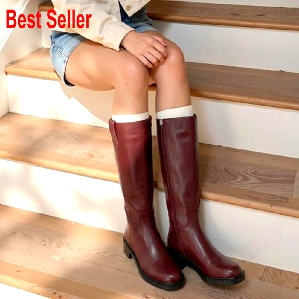 Faux Leather Knee High Boots Low Chunky Heel Round Toe Side Zipper - Picture 3 of 7
